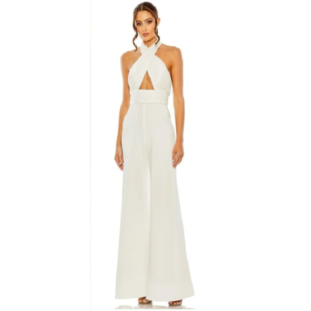 Ieena Mac Duggal 11666 White Sequin Halter Wide Leg Jumpsuit 6 NWT